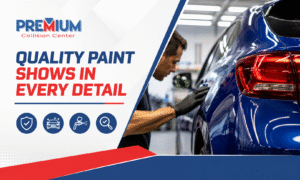 Technician inspecting a freshly painted vehicle in Pasadena